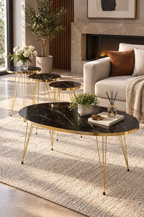SuloraHome Elips Formlu Gold Detaylı Orta Sehpa ve 3'lü Zigon Sehpa Seti