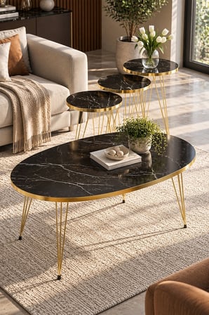 SuloraHome Elips Formlu Gold Detaylı Orta Sehpa ve 3'lü Zigon Sehpa Seti