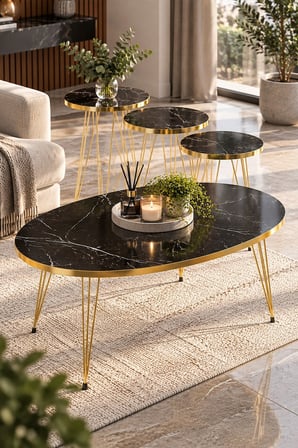 SuloraHome Elips Formlu Gold Detaylı Orta Sehpa ve 3'lü Zigon Sehpa Seti