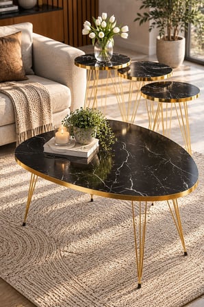 SuloraHome Elips Formlu Gold Detaylı Orta Sehpa ve 3'lü Zigon Sehpa Seti