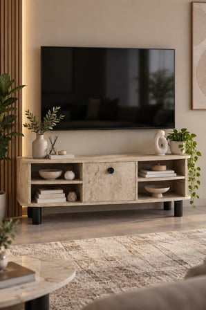 SuloraHome Ekru Traverten Desenli Suntalam TV Sehpası 136 cm