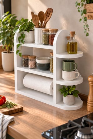 SuloraHome Beyaz Baharatlık ve Kağıt Havlu Askılı Mutfak Düzenleyici Raf