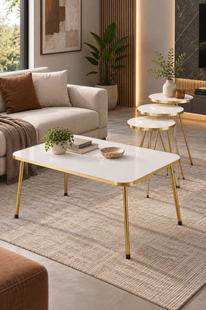 SuloraHome Gold Metal Ayaklı Beyaz 4'lü Sehpa Seti