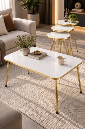 SuloraHome Gold Metal Ayaklı Beyaz 4'lü Sehpa Seti