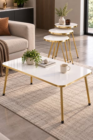 SuloraHome Gold Metal Ayaklı Beyaz 4'lü Sehpa Seti