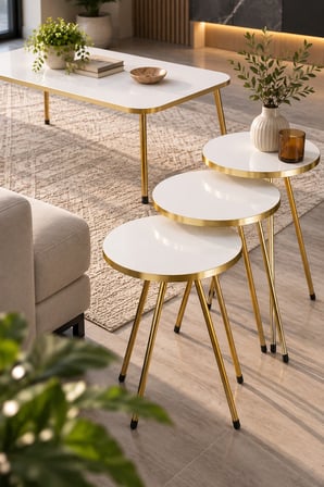 SuloraHome Gold Metal Ayaklı Beyaz 4'lü Sehpa Seti