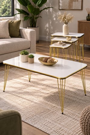 SuloraHome Gold Tel Ayaklı 4'lü Sehpa Seti Beyaz