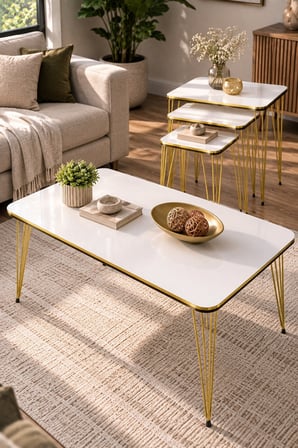 SuloraHome Gold Tel Ayaklı 4'lü Sehpa Seti Beyaz