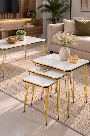 SuloraHome Gold Tel Ayaklı 4'lü Sehpa Seti Beyaz