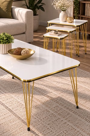 SuloraHome Gold Tel Ayaklı 4'lü Sehpa Seti Beyaz