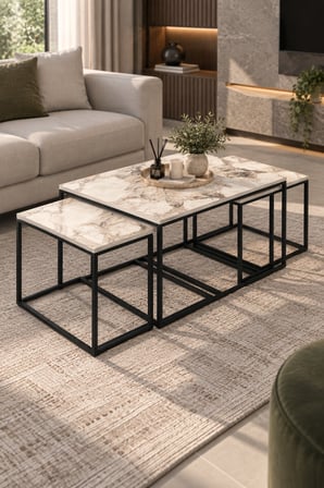 SuloraHome Ekru Desenli Metal Ayaklı 4'lü Sehpa Seti