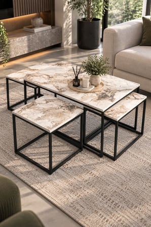 SuloraHome Ekru Desenli Metal Ayaklı 4'lü Sehpa Seti