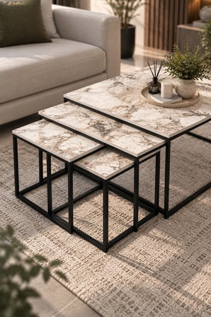 SuloraHome Ekru Desenli Metal Ayaklı 4'lü Sehpa Seti