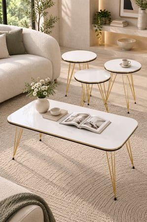 SuloraHome 4'lü Sehpa Seti Beyaz ve Gold Metal Ayaklı