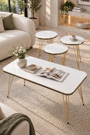 SuloraHome 4'lü Sehpa Seti Beyaz ve Gold Metal Ayaklı