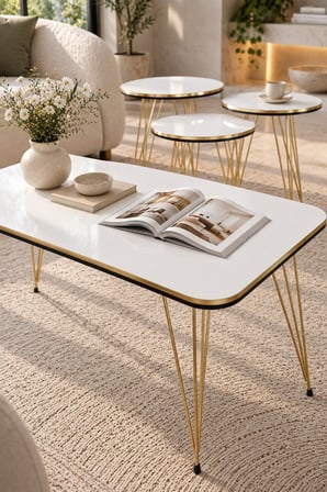 SuloraHome 4'lü Sehpa Seti Beyaz ve Gold Metal Ayaklı