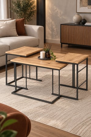 SuloraHome Kahverengi Çam Desenli 3'lü Sehpa Seti