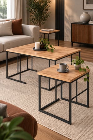 SuloraHome Kahverengi Çam Desenli 3'lü Sehpa Seti