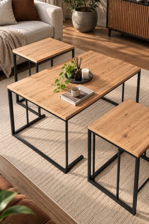 SuloraHome Kahverengi Çam Desenli 3'lü Sehpa Seti