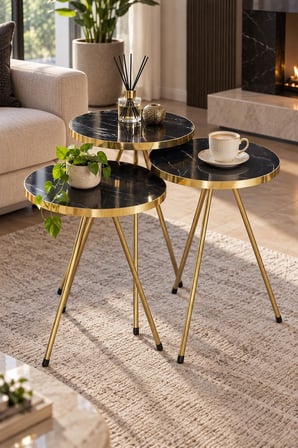 SuloraHome Siyah Mermer Desenli Gold Metal Zigon Sehpa Seti 3'lü