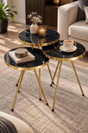 SuloraHome Siyah Mermer Desenli Gold Metal Zigon Sehpa Seti 3'lü