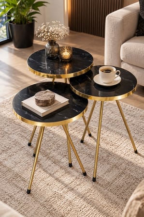SuloraHome Siyah Mermer Desenli Gold Metal Zigon Sehpa Seti 3'lü
