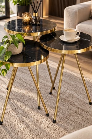 SuloraHome Siyah Mermer Desenli Gold Metal Zigon Sehpa Seti 3'lü
