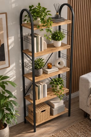 SuloraHome Metal Kitaplık Atlantik Çam Desenli 180 cm 5 Raflı