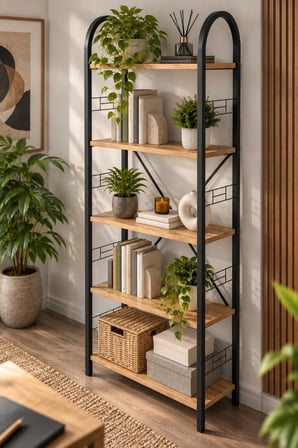 SuloraHome Metal Kitaplık Atlantik Çam Desenli 180 cm 5 Raflı