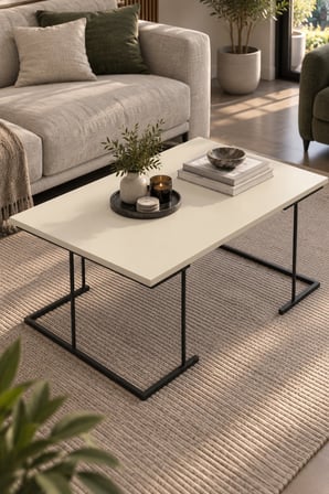 SuloraHome Krem Bej Dikdörtgen Orta Sehpa Metal Ayaklı