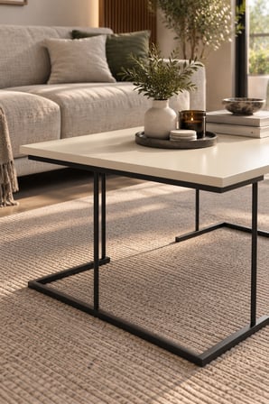 SuloraHome Krem Bej Dikdörtgen Orta Sehpa Metal Ayaklı