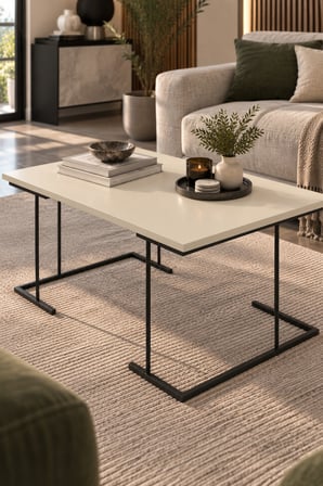 SuloraHome Krem Bej Dikdörtgen Orta Sehpa Metal Ayaklı