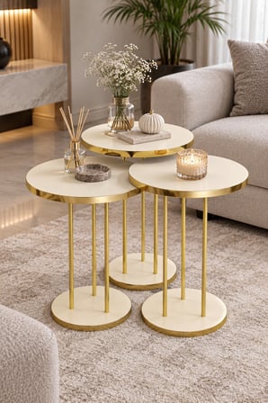 SuloraHome Krem Bej 3'lü Yuvarlak Zigon Sehpa Takımı Gold Metal Ayaklı