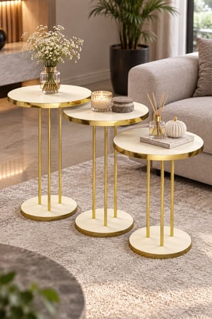 SuloraHome Krem Bej 3'lü Yuvarlak Zigon Sehpa Takımı Gold Metal Ayaklı