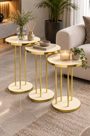 SuloraHome Krem Bej 3'lü Yuvarlak Zigon Sehpa Takımı Gold Metal Ayaklı