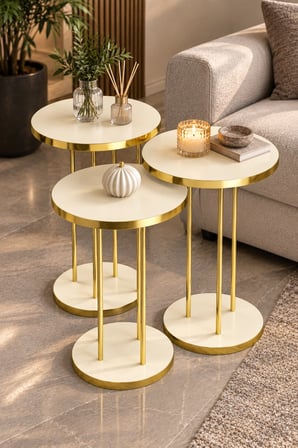 SuloraHome Krem Bej 3'lü Yuvarlak Zigon Sehpa Takımı Gold Metal Ayaklı