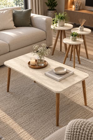 SuloraHome Traverten Desenli Bej 4'lü Sehpa Seti - Ahşap Ayaklı
