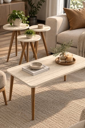 SuloraHome Traverten Desenli Bej 4'lü Sehpa Seti - Ahşap Ayaklı