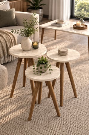 SuloraHome Traverten Desenli Bej 4'lü Sehpa Seti - Ahşap Ayaklı
