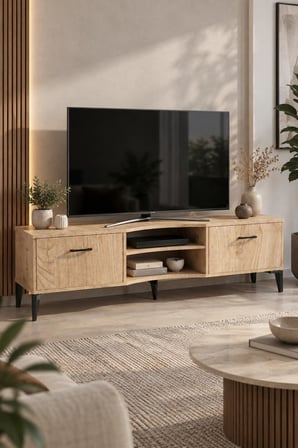 SuloraHome Bej Suntalam TV Sehpası 160x35 cm Sepet Desenli ve Kapaklı