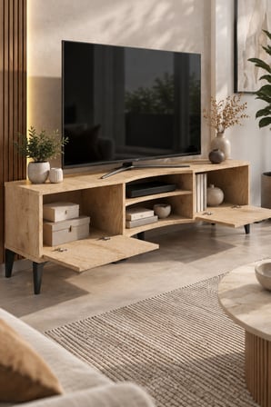 SuloraHome Bej Suntalam TV Sehpası 160x35 cm Sepet Desenli ve Kapaklı