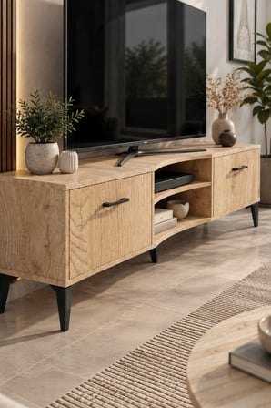 SuloraHome Bej Suntalam TV Sehpası 160x35 cm Sepet Desenli ve Kapaklı