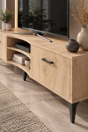 SuloraHome Bej Suntalam TV Sehpası 160x35 cm Sepet Desenli ve Kapaklı