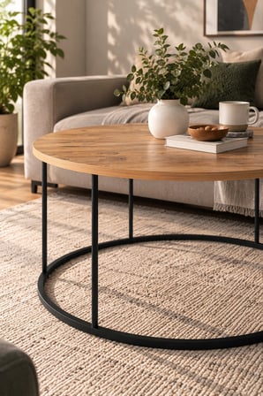 SuloraHome Ceviz Desenli Yuvarlak Orta Sehpa Siyah Metal Ayaklı