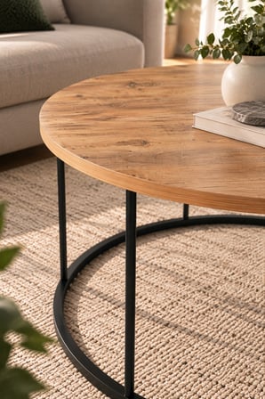 SuloraHome Ceviz Desenli Yuvarlak Orta Sehpa Siyah Metal Ayaklı