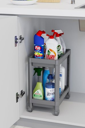 2 Katlı Tekerlekli Düzenleyici Raf Mutfak Tezgah &amp; Evye Altı Dolap İçi Organizer, Banyo Deterjanlık ve Şampuanlık, Çok Amaçlı Taşınabilir Sebzelik, Modern Dekoratif Mutfak Raf Ünitesi (GRİ)