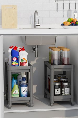 2 Katlı Tekerlekli Düzenleyici Raf Mutfak Tezgah &amp; Evye Altı Dolap İçi Organizer, Banyo Deterjanlık ve Şampuanlık, Çok Amaçlı Taşınabilir Sebzelik, Modern Dekoratif Mutfak Raf Ünitesi (GRİ)