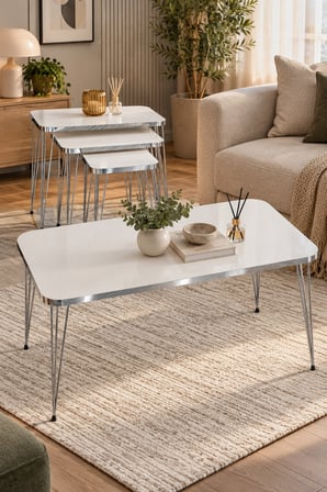 SuloraHome Zigon Sehpa Seti Gümüş Beyaz Tel Ayaklı Orta ve Zigon Sehpa Takımı