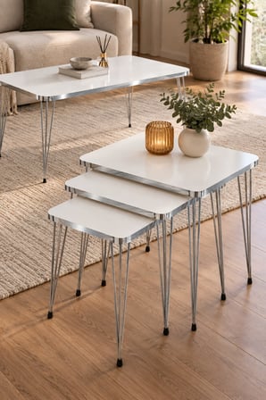 SuloraHome Zigon Sehpa Seti Gümüş Beyaz Tel Ayaklı Orta ve Zigon Sehpa Takımı