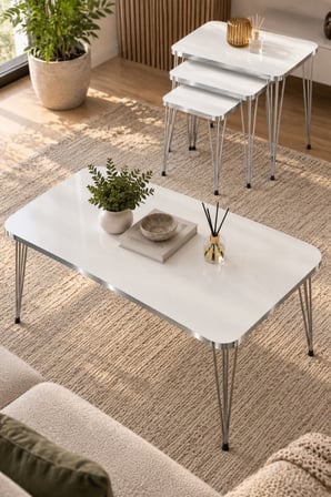 SuloraHome Zigon Sehpa Seti Gümüş Beyaz Tel Ayaklı Orta ve Zigon Sehpa Takımı